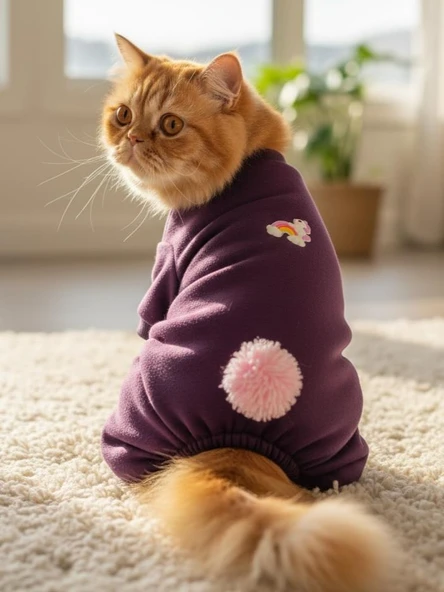 Ponpon Detaylı Kedi Tulumu | Şardonlu Polar Kumaş | Mor Renk ürün görseli 1