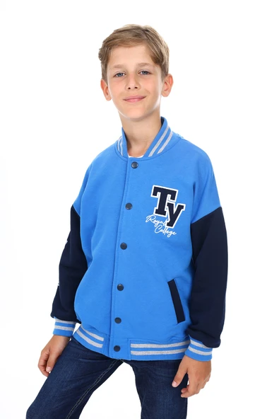 Toontoy Erkek Çocuk Kolej Yaka Çıtçıt Kapama Düşük Omuz Cepli Baskılı Renk Bloklu Örme Hırka - TK24184 ürün görseli 1