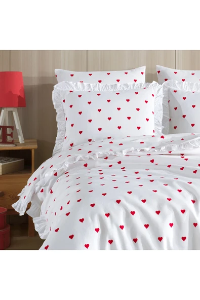 Lief Home Fırfırlı Kalpli Çift Kişilik Nevresim Takımı | 4 Yastık Kılıfı | Lastikli Çarşaflı | 200x220cm ürün görseli 1