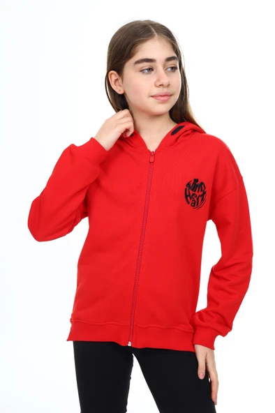 Toontoy Kız Çocuk Kapüşonlu Fermuarlı Düşük Omuz Nakış Baskılı Yırtmaç Detaylı Örme Hırka - 3 İplik Şardonsuz ürün görseli 1