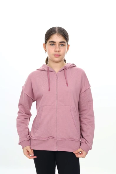 Toontoy Kız Çocuk Kapüşonlu Fermuarlı Cepli Düşük Omuz Ters Dikiş Detaylı Örme Hırka - 3 İplik Şardonsuz ürün görseli 1