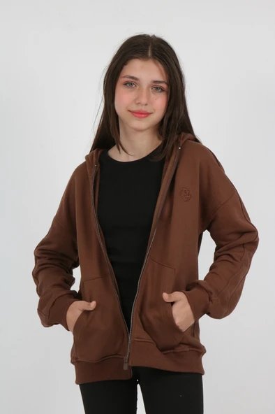 Toontoy Kız Çocuk Kapüşonlu Fermuarlı Cepli Düşük Omuz Nakış Baskılı Örme Hırka - 3 İplik Şardonsuz ürün görseli 1