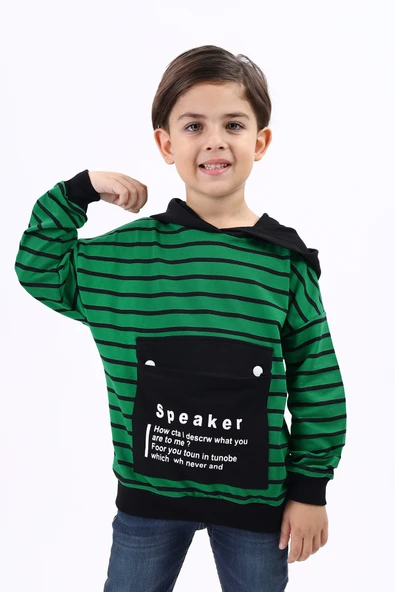 Toontoy Erkek Çocuk Oversize Kapüşonlu Düşük Omuz Baskılı Çizgili Sweatshirt - Garnili & 2 İplik ürün görseli 1