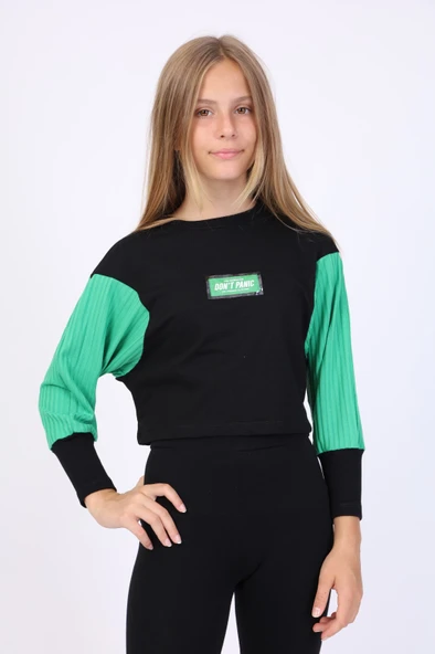 Toontoy Kız Çocuk Relax Fit Bisiklet Yaka Düşük Omuz Baskılı Crop Sweatshirt - Renk Bloklu & 2 İplik ürün görseli 1