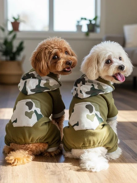 Kamuflaj Desenli Köpek Tulumu | Kapüşonlu | Pamuklu Polar Kumaş | Haki Yeşil | Küçük Irklar İçin ürün görseli 1