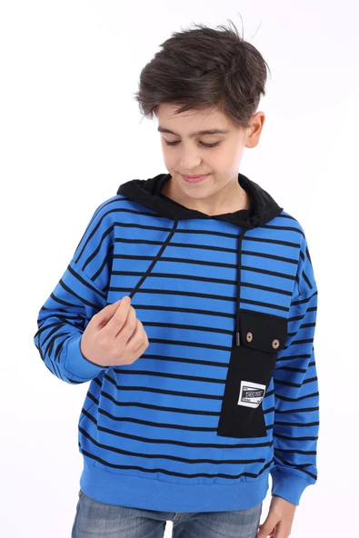 Toontoy Erkek Çocuk Oversize Kapüşonlu Düşük Omuz Baskılı Çizgili Sweatshirt - Garni Detaylı & 2 İplik ürün görseli 1