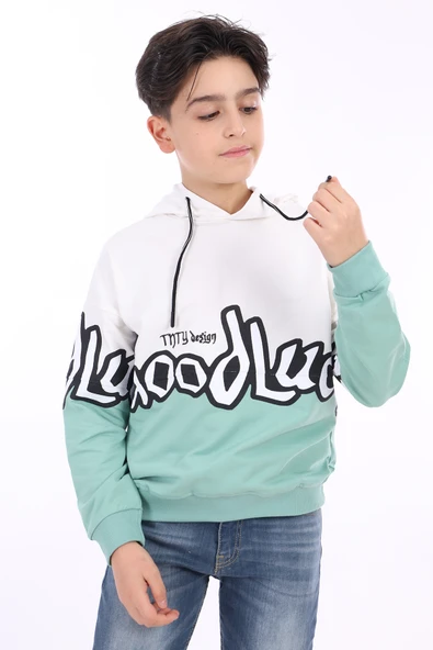 Toontoy Erkek Çocuk Relax Fit Kapüşonlu Düşük Omuz Renk Bloklu Baskılı Sweatshirt - 2 İplik ürün görseli 1
