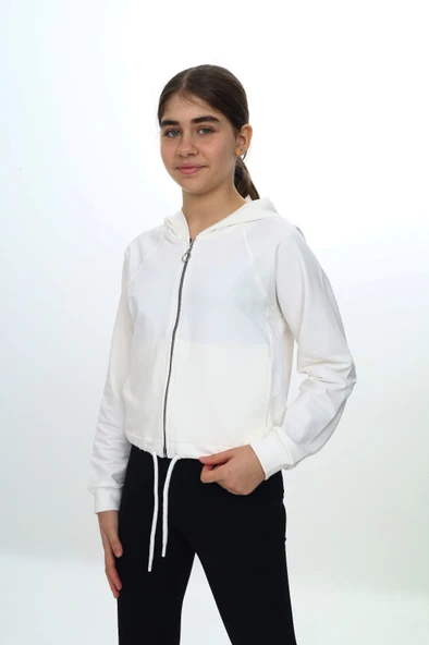Toontoy Kız Çocuk  Kapüşonlu Fermuarlı Reglan Kol Örme Hırka - Beli Ayarlanabilir Kordonlu & 2 İplik ürün görseli 1