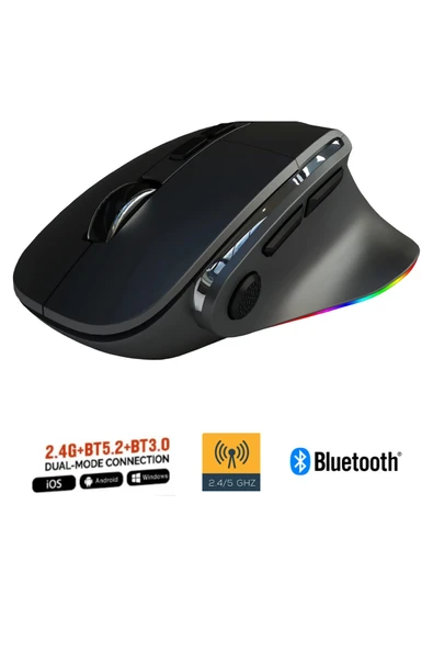 Sarftech Siyah Kablosuz Ergonomik Zarif Tasarım RGB Dual Moude 2.4Ghz+BT5.0 Ofis ve Gaming Oyuncu Faresi ürün görseli 1