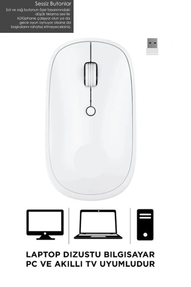 Sarftech Beyaz Kablosuz Zarif Tasarım Sessiz Buton 2.4Ghz Optik Mouse ürün görseli 1