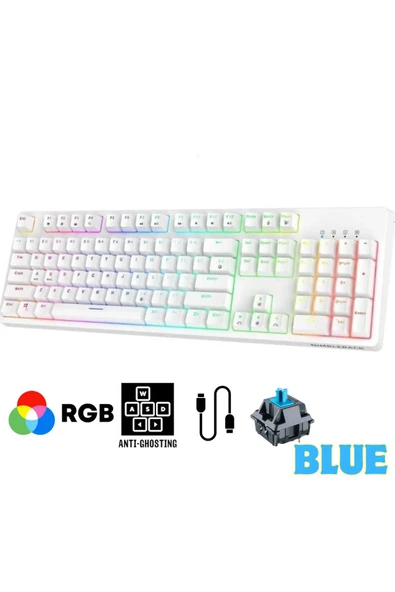 Sarftech Beyaz Rgb Mavi Switch Q Gaming Tam Mekanik Kablolu Oyuncu Klavyesi Bkb4 ürün görseli 1