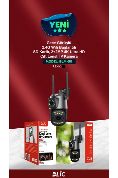 Sarftech Gece Görüşlü 2.4G Wifi Bağlantılı SD Kartlı 2+2 MP +4K Ultra HD Çift Lensli IP Kamera ürün görseli 1