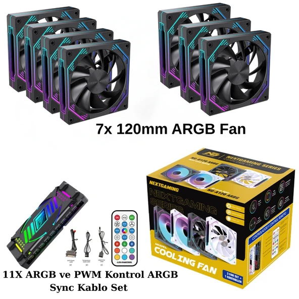 NG-O120B 7 Adet 120mm ARGB Fan 11X ARGB PWM Slot Kontrolcü ve Kumanda Siyah ürün görseli 1
