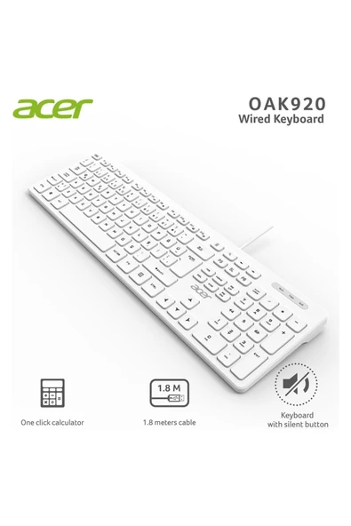 ACER Oak-920 Beyaz Kablosuz Sessiz Tuşlu 2.4ghz Klavye Moue Set Beyaz (MOUSE 1200DPI) ürün görseli 1