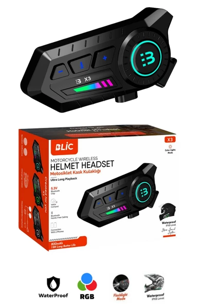 Sarftech RGB 18 Saat Pil Ömrü Su Geçirmez IPX8 Bluetooth V5.3 İnterkom Motosiklet Kask Kulaklık X3 ürün görseli 1