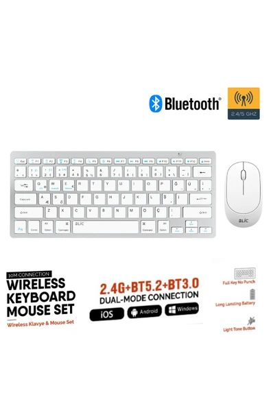 Sarftech Beyaz Kablosuz Zarif Sessiz Tasarım Dual Mode 2.4G+BT5.2 Klavye Mouse Set İos Android Windows Uyumlu ürün görseli 1