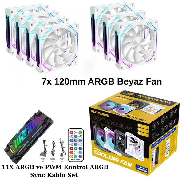NG-O120W 7 Adet 120mm ARGB Fan 11X ARGB PWM Slot Kontrolcü ve Kumanda Beyaz ürün görseli 1