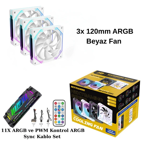 NG-O120W 3 Adet 120mm ARGB Fan 11X ARGB PWM Slot Kontrolcü ve Kumanda Beyaz ürün görseli 1