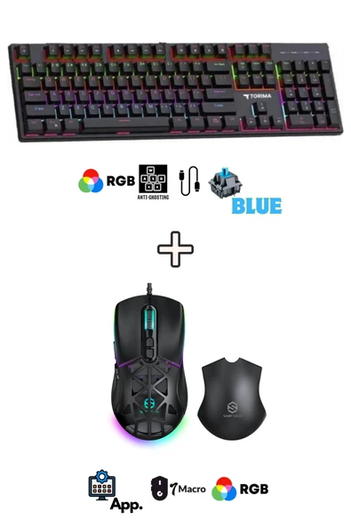 Sarftech Siyah Beyaz RGB Gaming Mekanik Makrolu Kablolu Oyuncu Klavye Mouse Seti ürün görseli 1