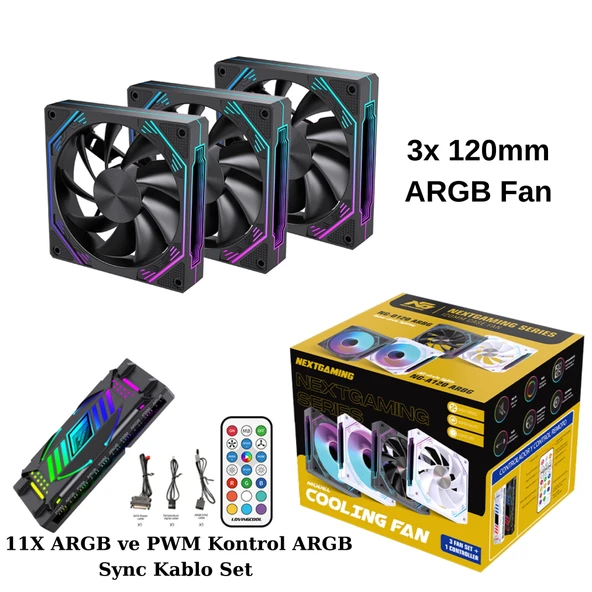 NG-O120B 3 Adet 120mm ARGB Fan 11X ARGB PWM Slot Kontrolcü ve Kumanda Siyah ürün görseli 1