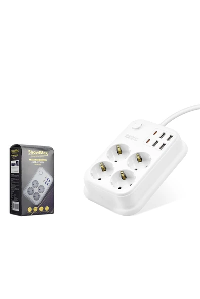 ShowMax Sh4629 Termal Akım Korumalı Uzatma Kablosu 4*Priz + 4*Usb + 2*Type-C + Anahtar 2M Beyaz ürün görseli 1