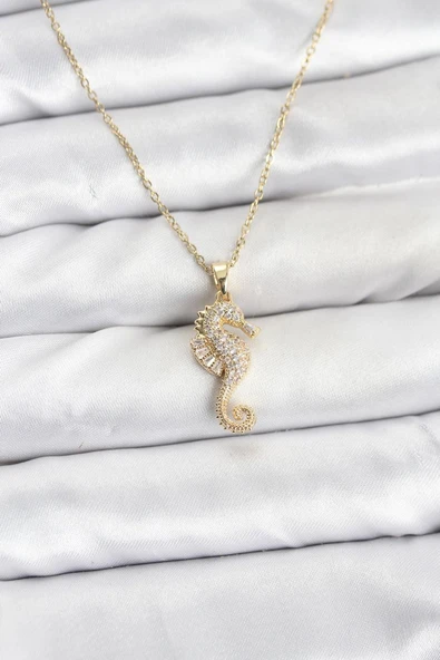 316L Çelik Zincir Gold Renk Deniz Atı Model Zirkon Taşlı Kadın Kolye - TJ-BKO10895 ürün görseli 1