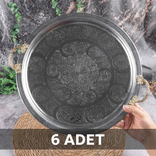 430 Kalite Krom Çelik Kulplu 6 ADET Tepsi 35 cm – Fırına Uygun, Osmanlı Motifli, Kebap & Restoran Sunum Tepsisi ürün görseli 1