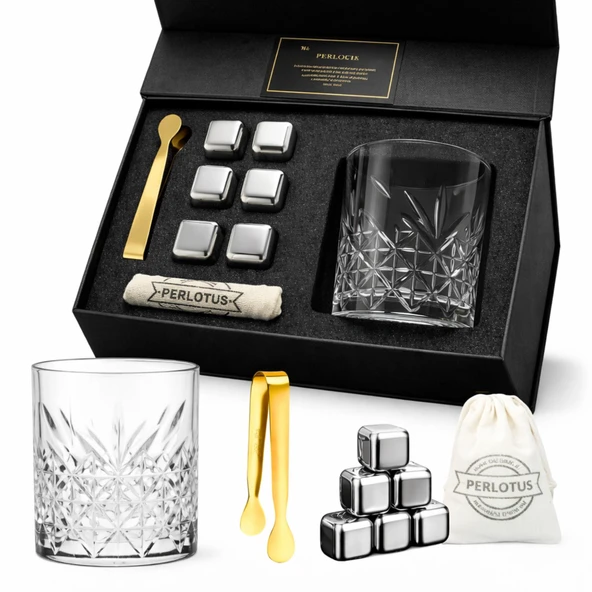 Perlotus Premium 345 cc Kristal Bardak  ve Çelik Buz Küpü Seti Gıdaya Uygun Çelik Küp Gold Maşa Hediye Kutusunda ürün görseli 1