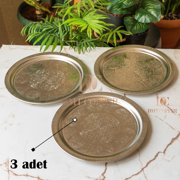 430 Kalite Krom Çelik 3 ADET Tepsi 24 cm – Fırına Uygun, Osmanlı Motifli, Kebap & Restoran Sunum Tepsisi ürün görseli 1