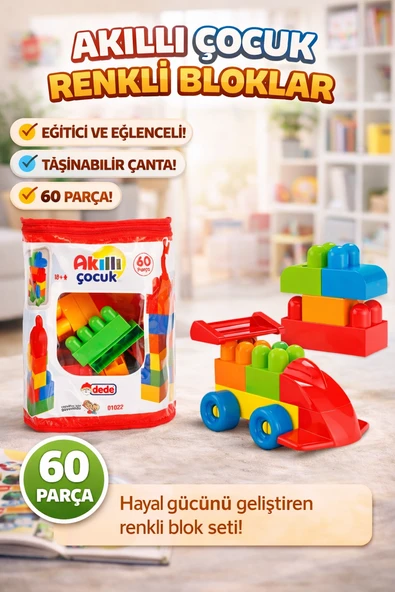 Akıllı Çocuk Renkli Bloklar 60 Parça Eğitici ve Taşınabilir Yapı Oyuncağı ürün görseli 1