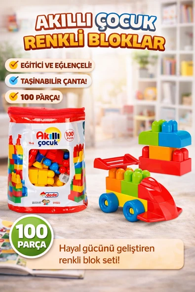 Akıllı Çocuk Renkli Bloklar 100 Parça Eğitici Eğlenceli ve Taşınabilir Yapı Seti ürün görseli 1