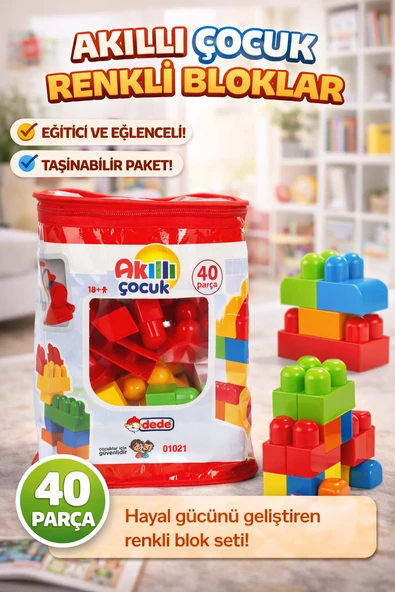 Akıllı Çocuk Renkli Bloklar 40 Parça Eğitici ve Taşınabilir Yapı Oyuncağı ürün görseli 1