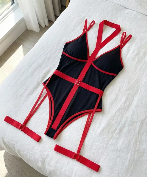 Tek Parça Kırmızı Şerit Tasarımlı Siyah Body - Resim 5