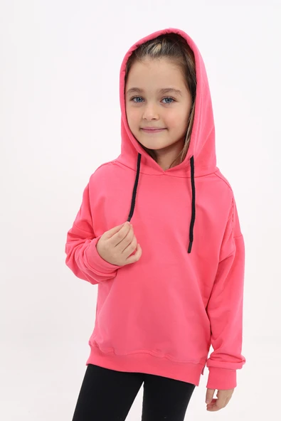 Toontoy Kız Çocuk Oversize Kapüşonlu Büzgülü Düşük Omuz Nakış Baskılı Yırtmaçlı Sweatshirt - 2 İplik ürün görseli 1