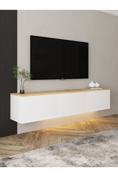 Neon LED Işıklı Duvara Monte, 3 Kapaklı TV Sehpası – 160 cm - Modern Tasarım  Beyaz ürün görseli 1