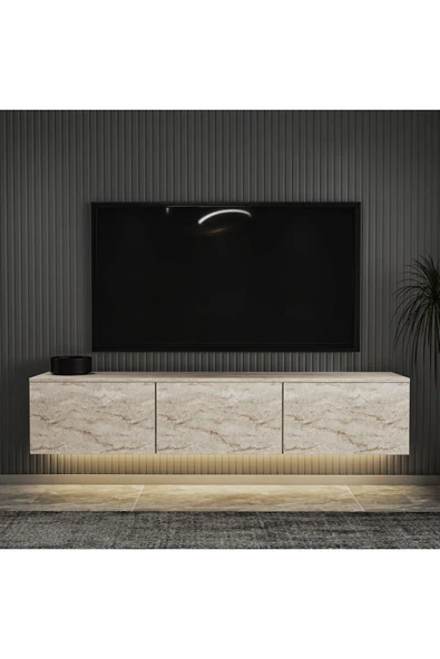 Neon LED Işıklı Duvara Monte, 3 Kapaklı TV Sehpası – 160 cm - Modern Tasarım  Traverten Desen ürün görseli 1