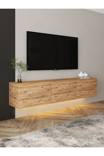 Neon LED Işıklı Duvara Monte, 3 Kapaklı TV Sehpası – 160 cm - Modern Tasarım  atlantik çam ürün görseli 1