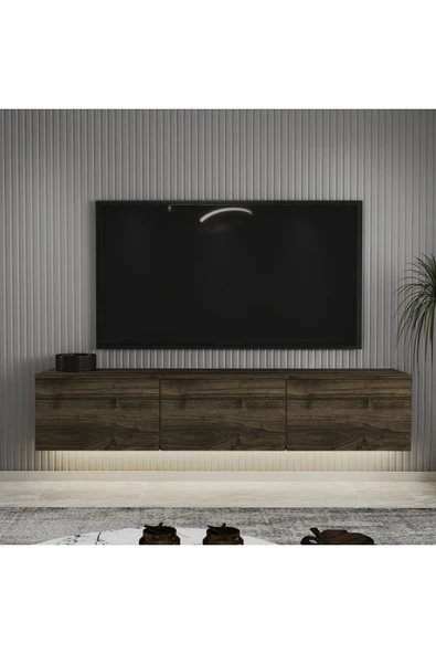 Neon LED Işıklı Duvara Monte, 3 Kapaklı TV Sehpası – 160 cm - Modern Tasarım  İstanbul Ceviz ürün görseli 1