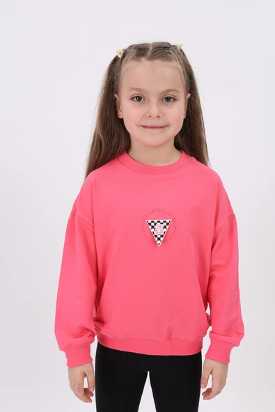 Toontoy Kız Çocuk Relax Fit Bisiklet Yaka Düşük Omuz Nakış Baskılı Sweatshirt - 2 İplik ürün görseli 1