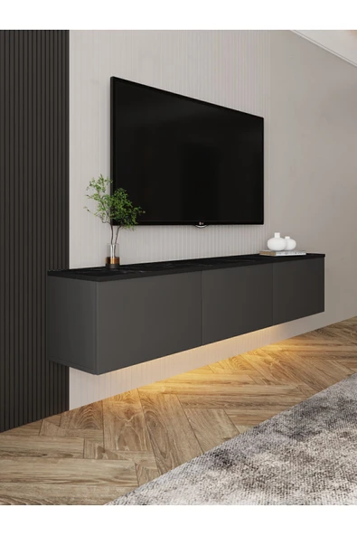Neon LED Işıklı Duvara Monte, 3 Kapaklı TV Sehpası – 160 cm - Modern Tasarım  Antrasit ürün görseli 1