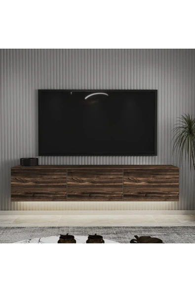 Neon LED Işıklı Duvara Monte, 3 Kapaklı TV Sehpası – 160 cm - Modern Tasarım  Sandık Ceviz ürün görseli 1