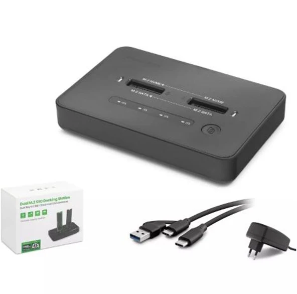 HADRON HDX1797 Dual M.2 SSD Disk Docking Station NVMe-NVMe SATA-SATA Klonlama Destekli - Siyah ürün görseli 1