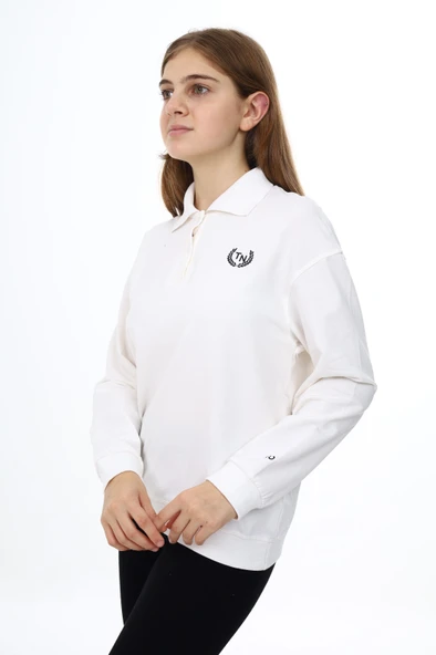 Toontoy Kız Çocuk Oversize Polo Yaka Düşük Omuz Nakış Baskılı Sweatshirt - 2 İplik ürün görseli 1