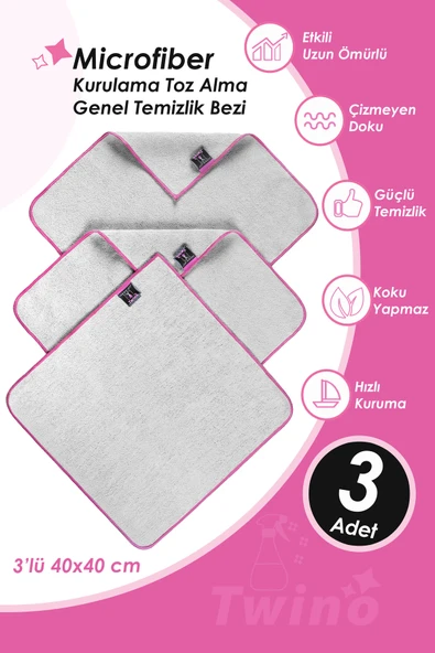 Twino 3'lü Mikrofiber Temizlik Bezi 40x40 Çok Amaçlı Mobilya Halı Koltuk Ovma Silme Toz Alma Bezi ürün görseli 1