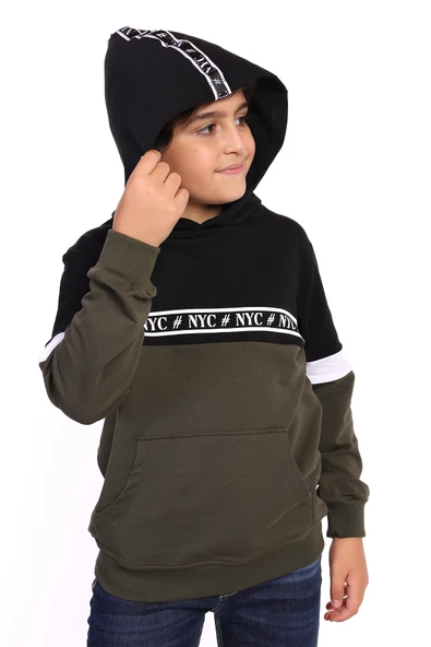 Toontoy Erkek Çocuk Relax Fit Kapüşonlu Cepli Renk Bloklu Baskılı Sweatshirt - 2 İplik ürün görseli 1