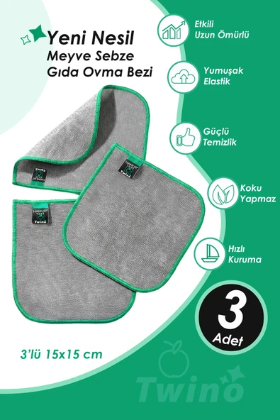 Twino 3'lü Meyve Sebze Ovma 15x15 Güçlü Mikrofiber Islak Kuru Temizlik Mutfak Gıda Temizleme Bezi ürün görseli 1
