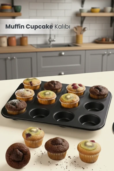 12'li Muffin Cupcake Pişirme Kalıbı Yapışmaz Çok Amaçlı Fırın Kalıbı ürün görseli 1