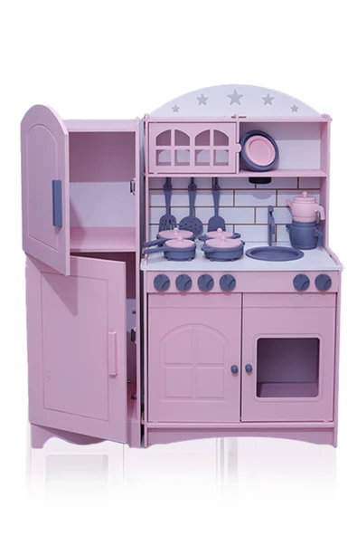 Özka Hobi Ahşap ÖZKA HOBYY WOOD  toys2 KAPAKLI  BUZDOLAPLI MUTFAK tencere ve tava setli(PEMBE) ürün görseli 1