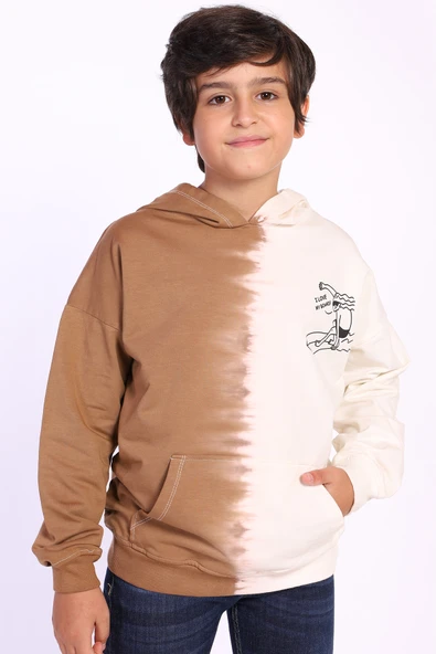 Toontoy Erkek Çocuk Oversize Kapüşonlu Cepli Düşük Omuz Renk Bloklu Baskılı Sweatshirt - 2 İplik ürün görseli 1