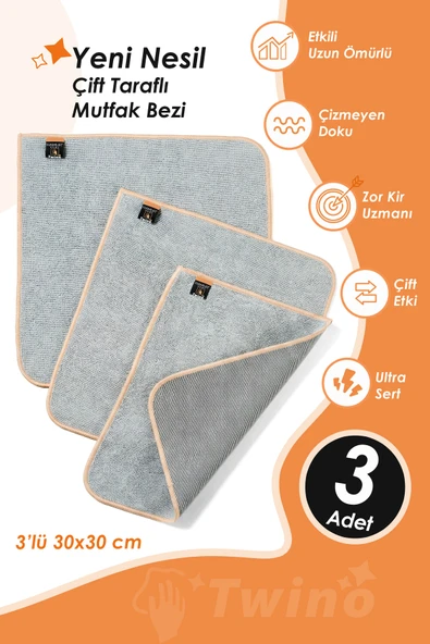 Twino 3'lü Çift Taraflı Zor Kir Temizlik Bezi 30x30 Mikrofiber Telli Ovma Mutfak Lavabo Tezgah Bezi ürün görseli 1